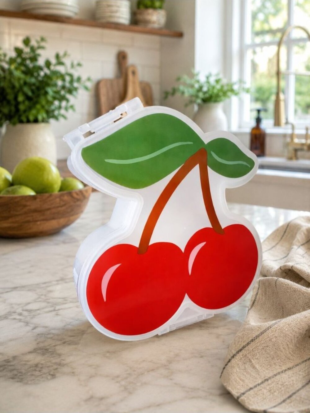 New Red Cherry Plastic Snap Top Kids Snack Lunch Box 3 Sections On The Go